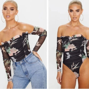 Moving Sale💘 Prettylittlething Black Printed Mesh Ruched Bardot Bodysuit Size 4